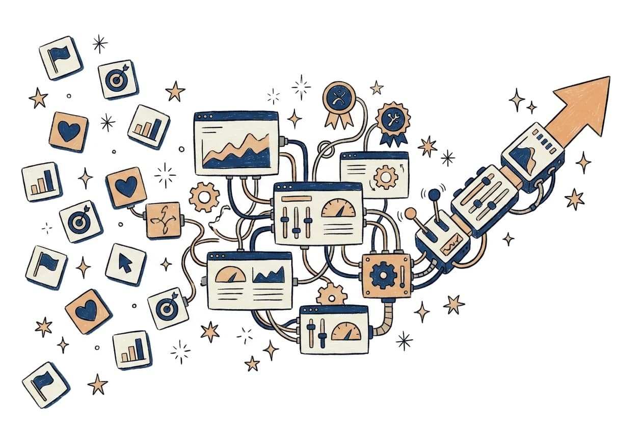 Scattered goal icons flowing into a hand-drawn machine of connected dashboards and emerging as one rising arrow